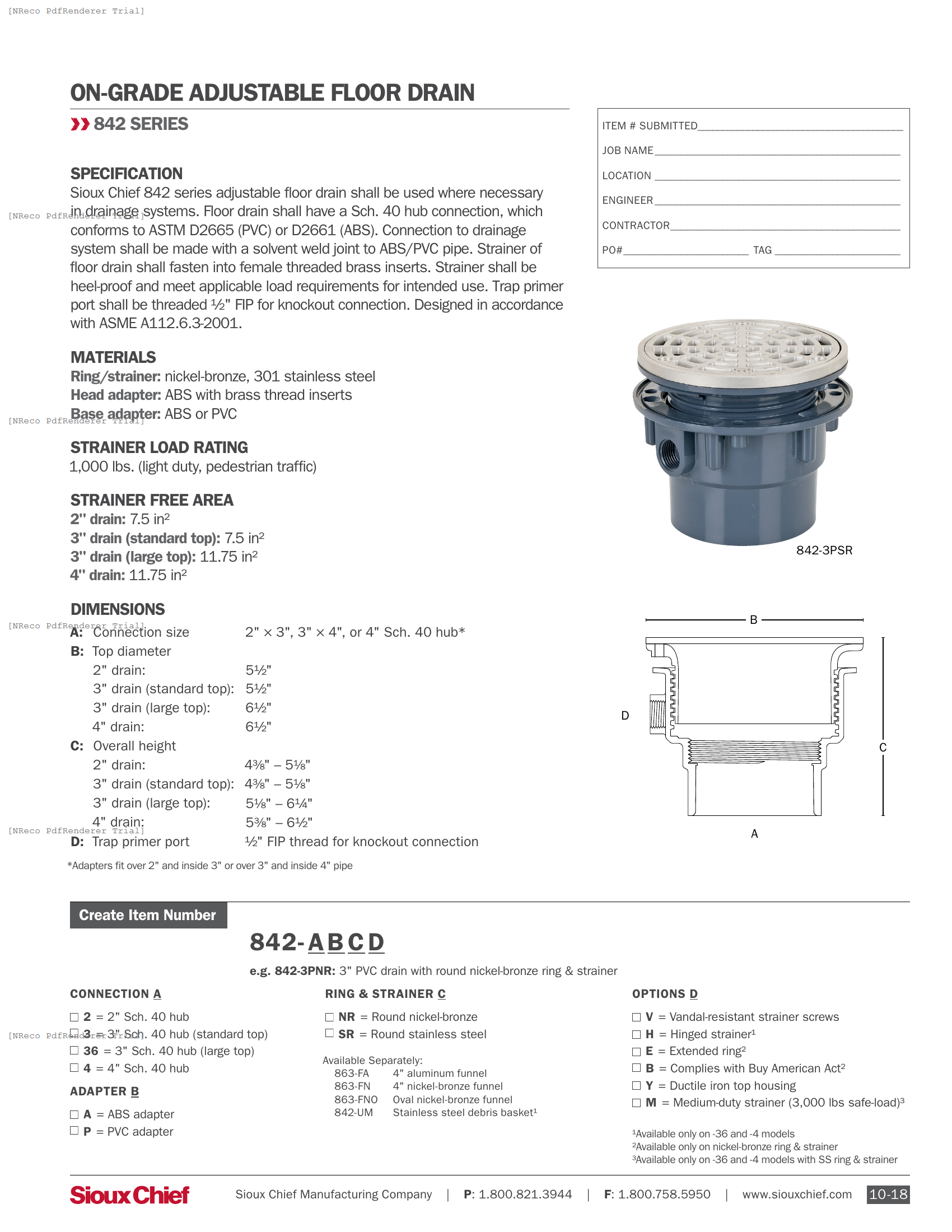 842-R SERIES - ADJUSTABLE FLOOR DRAIN - SPEC SHEET.PDF Specification Document